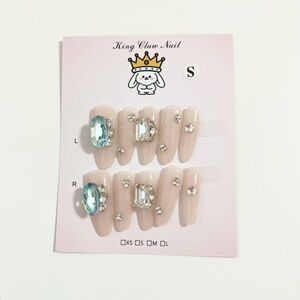 Handmade Press-On Nails with Teal Rhinestones Small